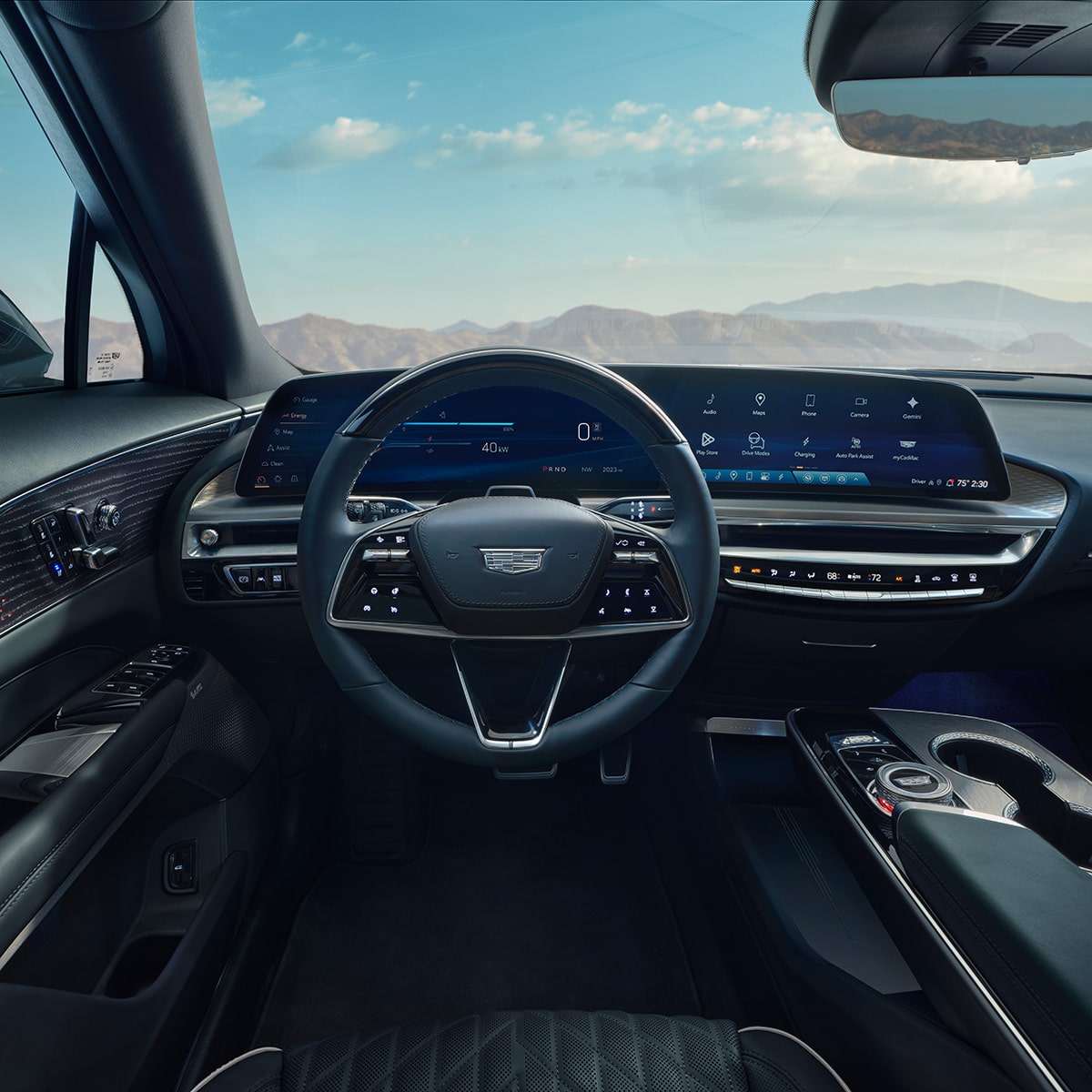 Driver's view of the steering wheel of the 2027 Cadillac LYRIQ.