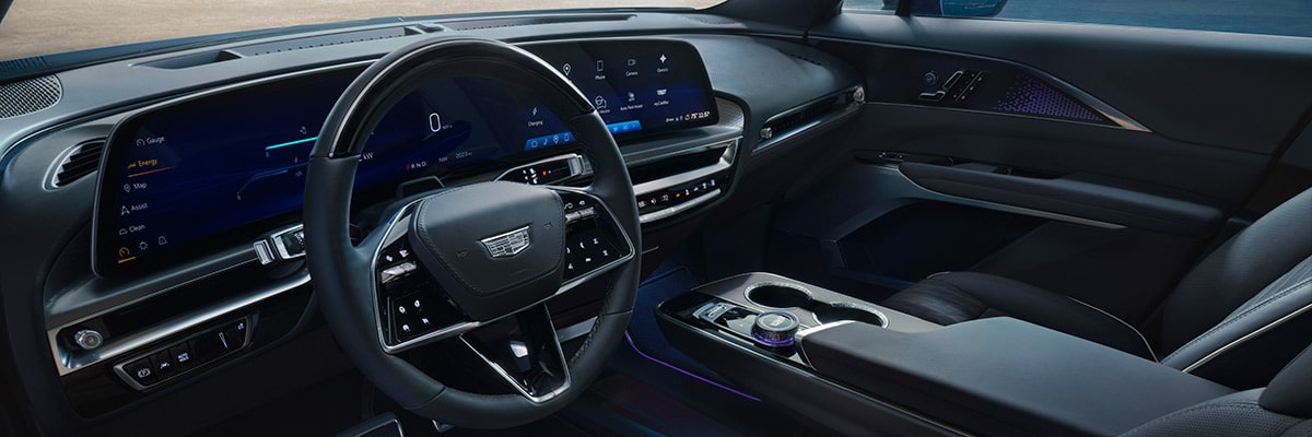 2027 Cadillac LYRIQ-V Interior With a 33-Inch LED Display and Leather Seating.