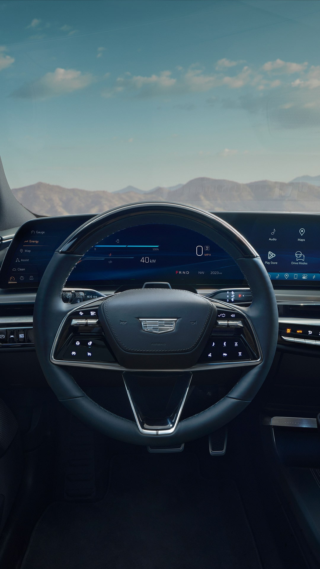 2027 Cadillac LYRIQ Interior With a 33-Inch LED Display and Steering Wheel.