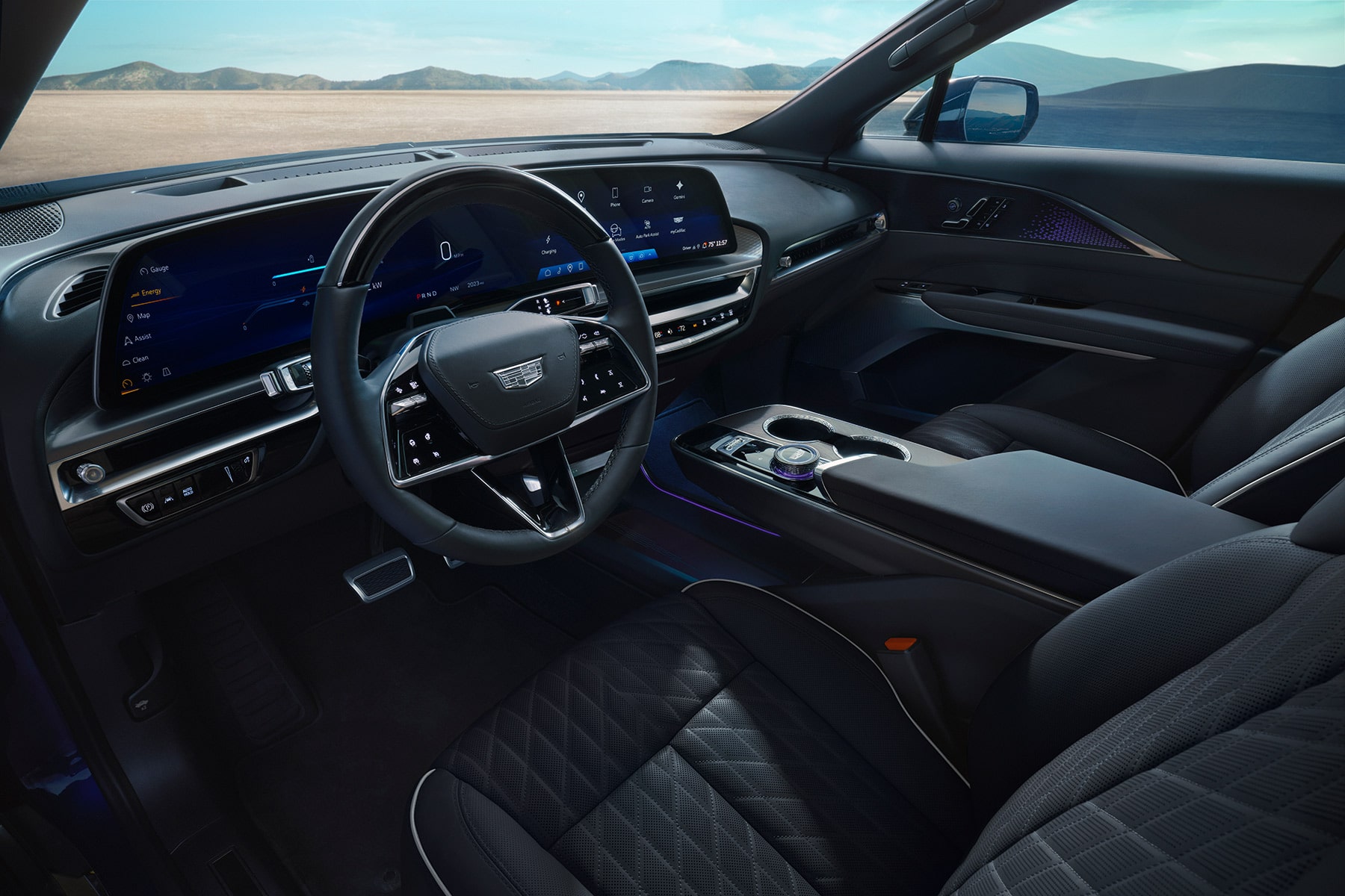 Sleek front interiors of the 2027 Cadillac LYRIQ.