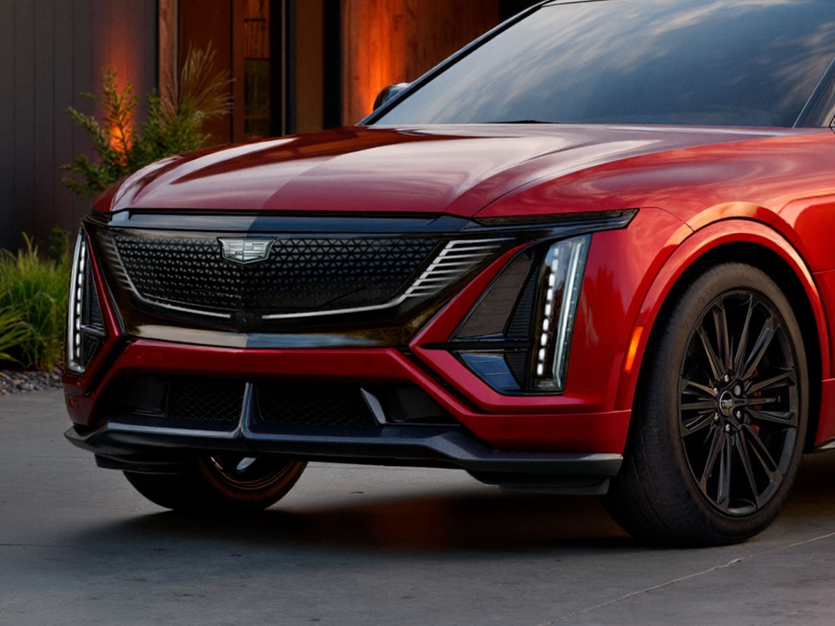 Close-up view of the front exterior of the 2027 Cadillac LYRIQ-V.