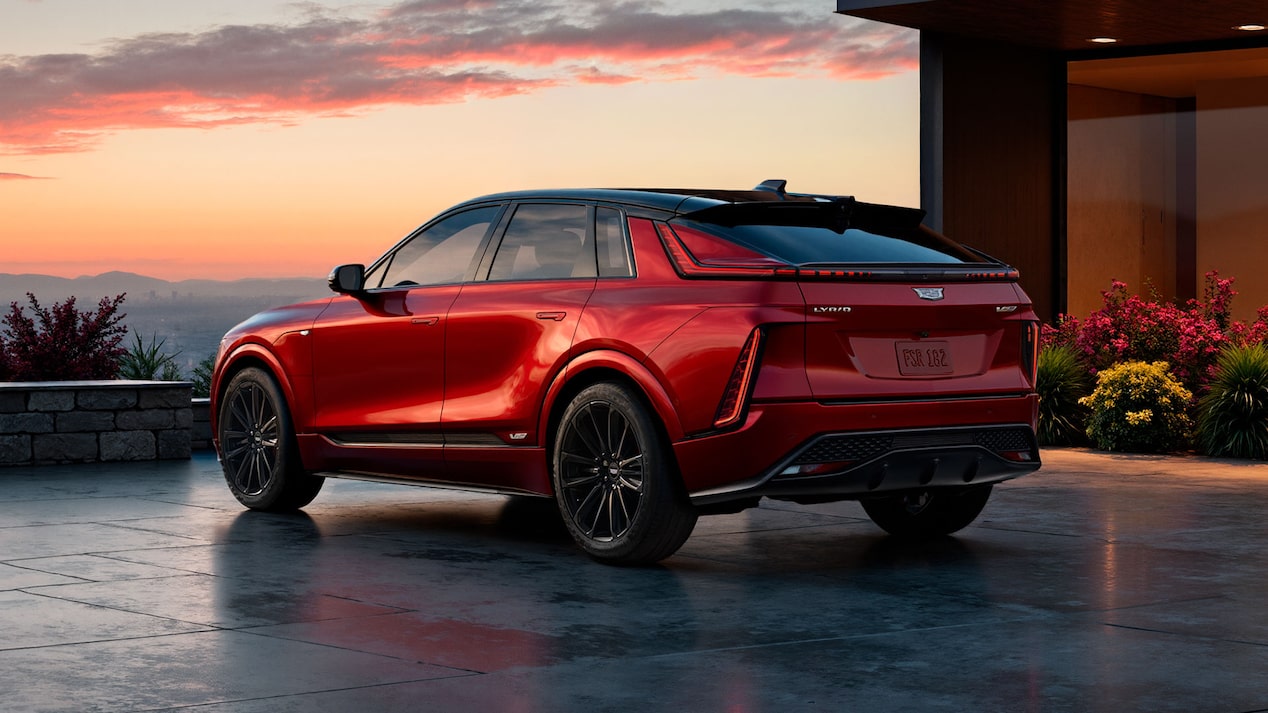 Back-side view of the 2027 Cadillac LYRIQ-V parked outdoors on a gloomy day.