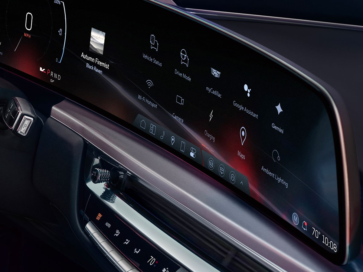 Close-up view of the curved infotainment display inside the 2027 Cadillac LYRIQ-V.