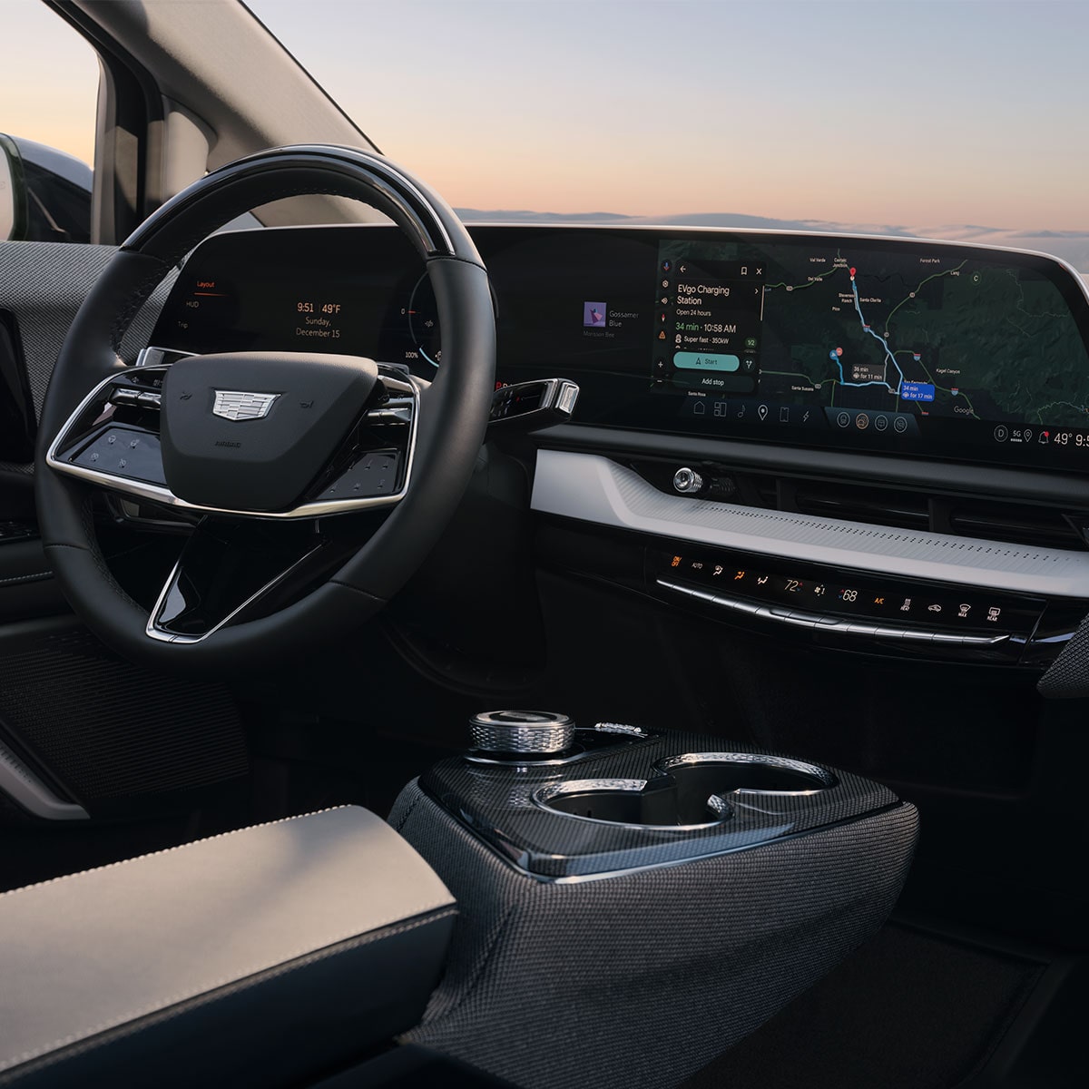 Vue du siège passager du volant OPTIQ 2027 de la Cadillac OPTIQ et écran de 33 pouces.