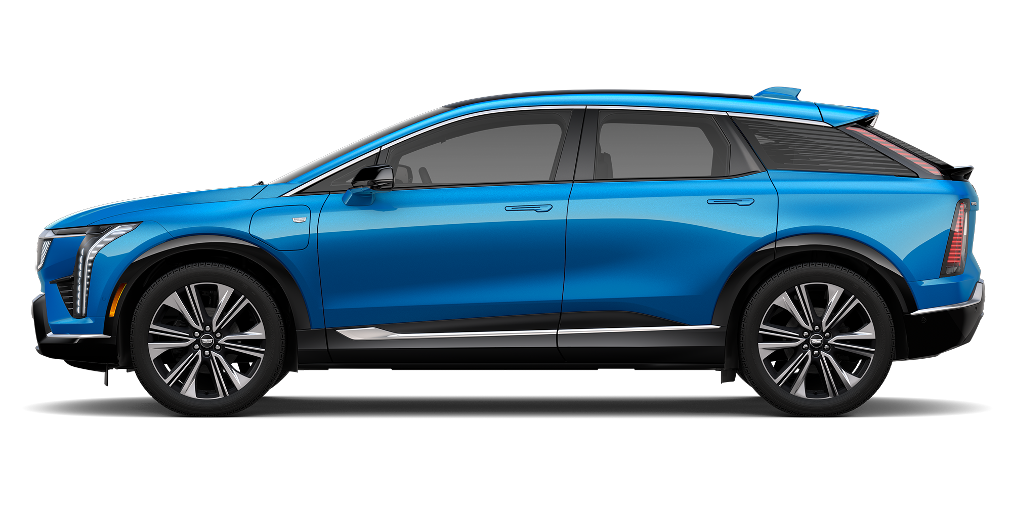Vue latérale d’une Cadillac OPTIQ Premium Luxury 2027 bleu pâle.