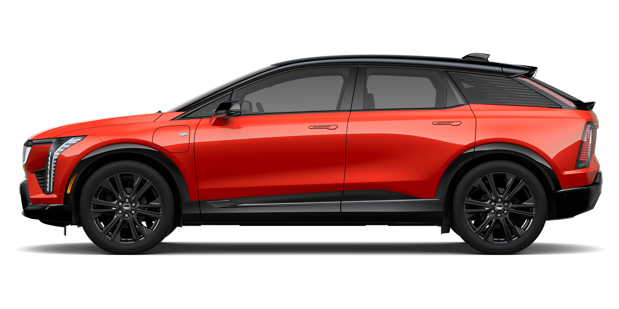 Vue latérale d’une Cadillac OPTIQ Premium Sport rouge 2027.