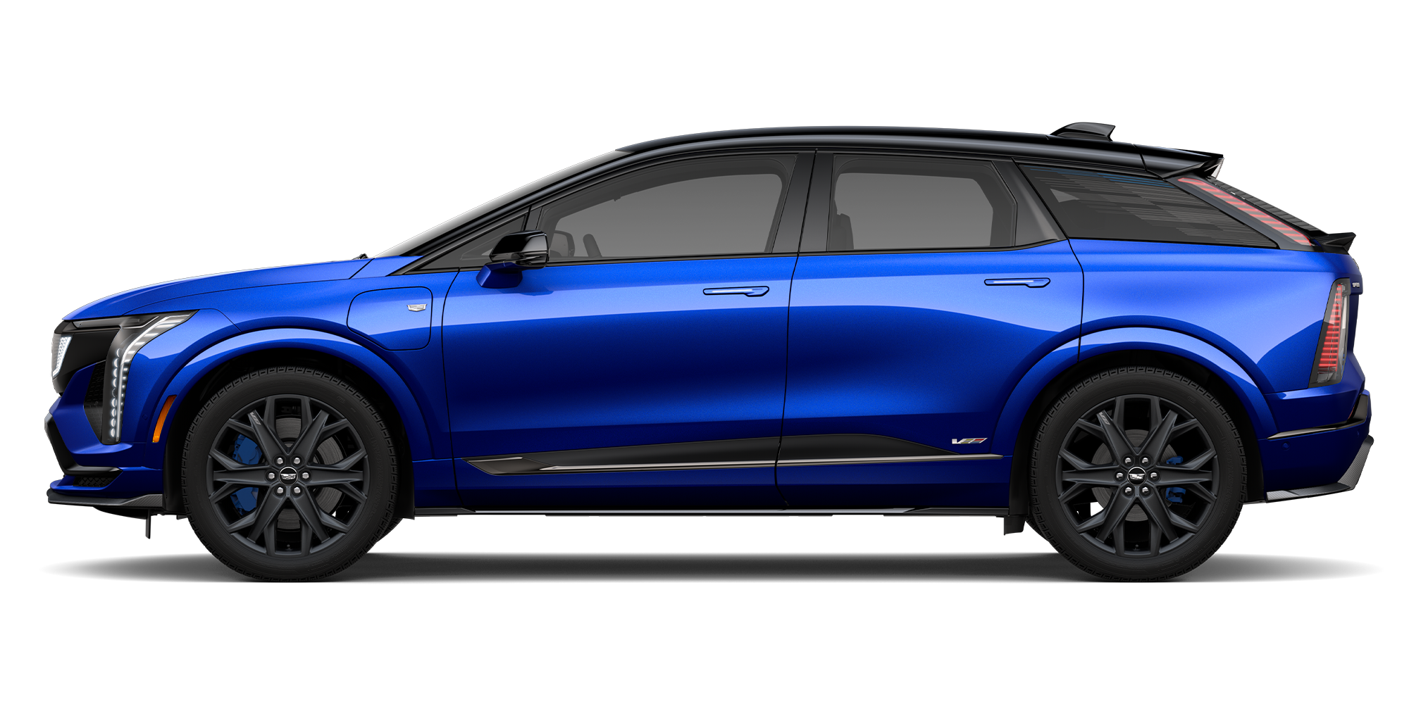 Vue latérale d’une Cadillac OPTIC-V Sport bleue 2027.