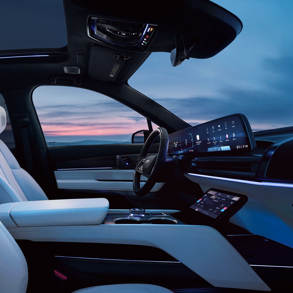 Passenger Seat View of the Driver Seat and Driver Side Inside the 2027 VISTIQ 3-row Electric SUV.