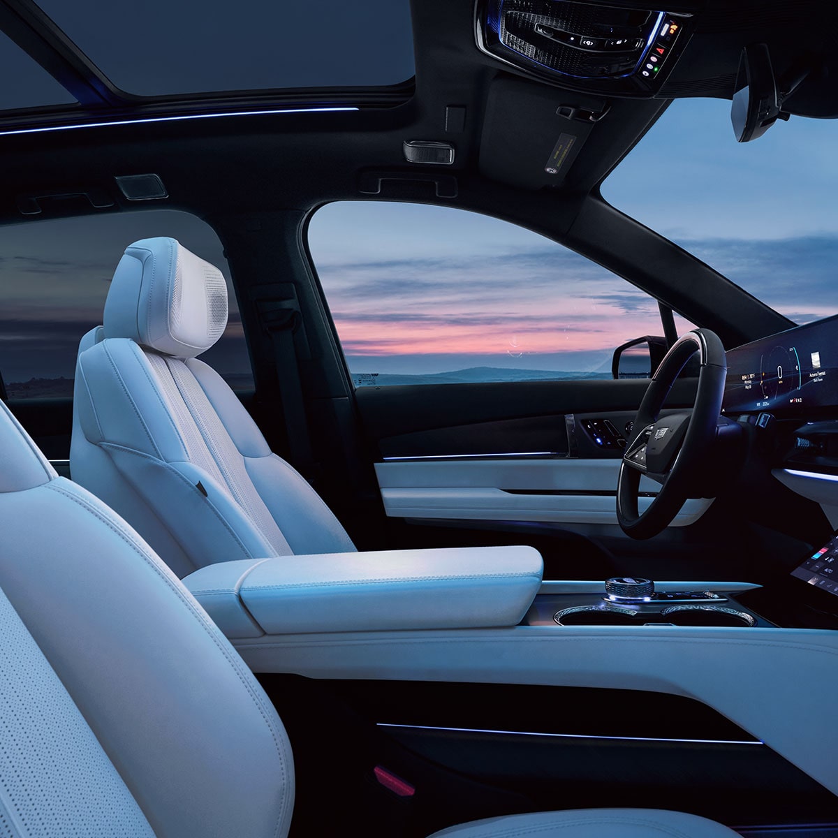 Front Passenger's Seat View of the Driver Seat Inside the 2027 Cadillac VISTIQ 3-row Electric SUV.