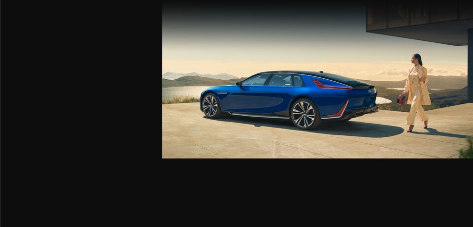 Left profile view of the Cadillac CELESTIQ luxury electric sedan with a scenic view.