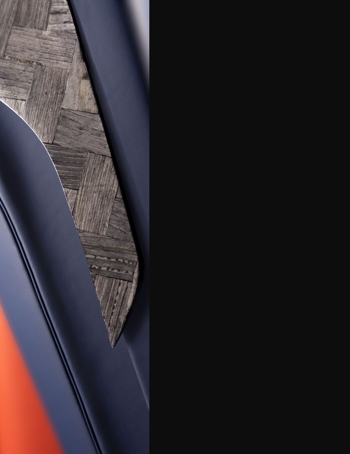 Uranus Newspaper Décor fabric, Bahia Orange Leather and Phantom Blue Leather of the Cadillac CELESTIQ Aurora design palette.