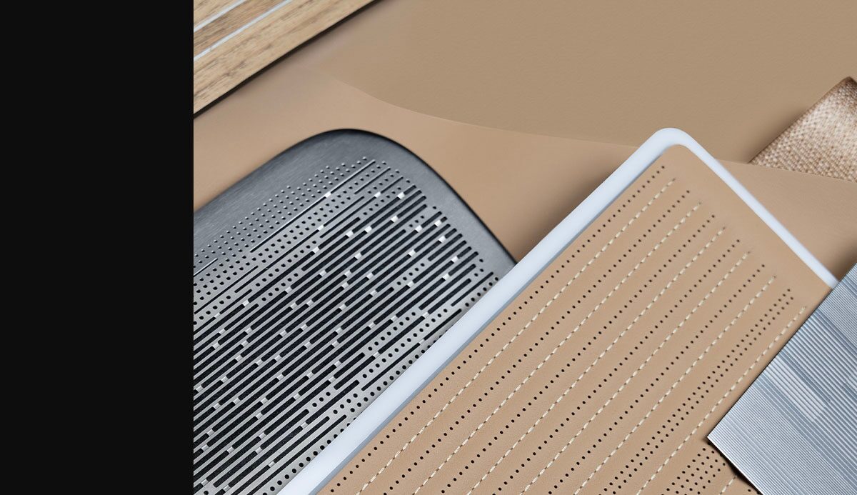 Camelia Leather, Acier Stainless Steel Speaker and Acier Metal Trim of the Cadillac CELESTIQ Vale design palette.