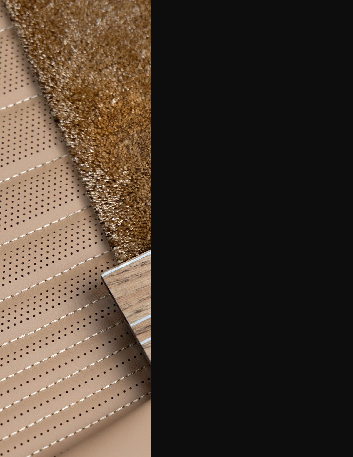 Camelia Leather, Saturn Open Pore Wood and carpeting sample of the Cadillac CELESTIQ Vale design palette.