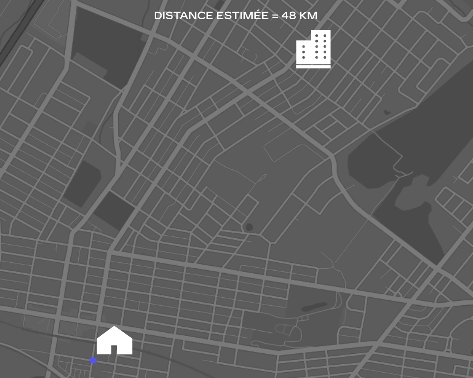 Carte illustrée montrant le trajet d’un navetteur de banlieue.