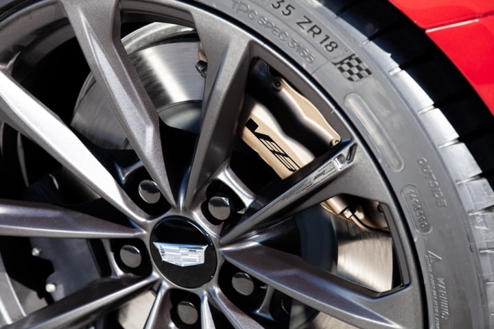 Close-up view of the 2022 CT4-V Blackwing wheel.