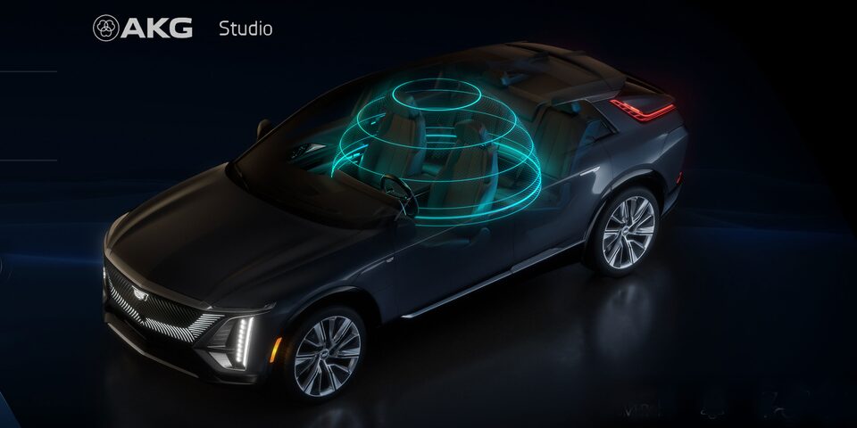 Three quarter view of Cadillac LYRIQ front row seats.