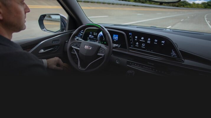 Interior view of Cadillac Super Cruise driver assistance feature.