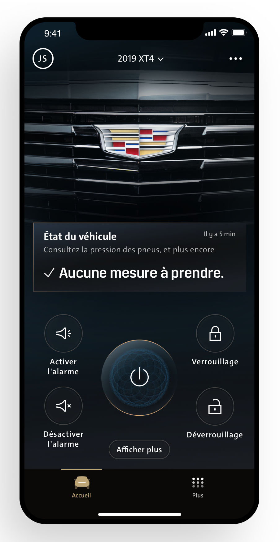 Application MyCadillac affichée sur un télephone.