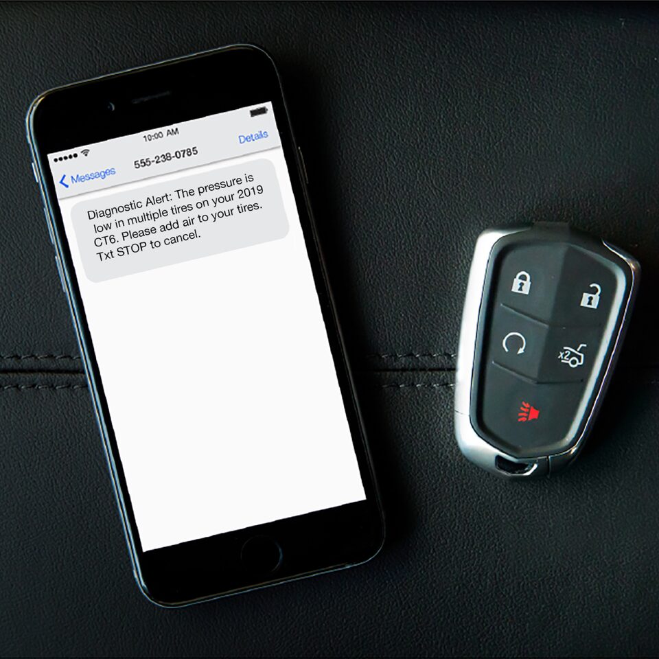 Close up of Cadillac's vehicle diagnostics alert. 