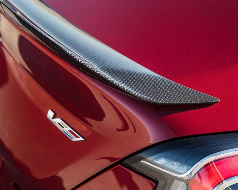 Close-up view of the 2022 CT4-V Blackwing insignia.