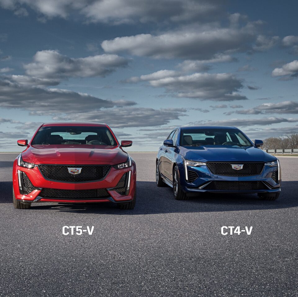 2022 Cadillac CT4-V Blackwing and 2022 Cadillac CT5-V Blackwing driving together.