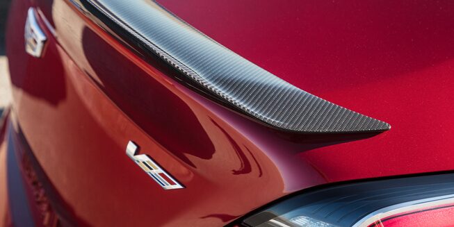 Close-up view of the 2022 CT4-V Blackwing insignia.