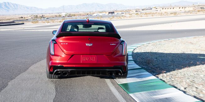 Rear view of the 2022 CT4-V Blackwing insignia.