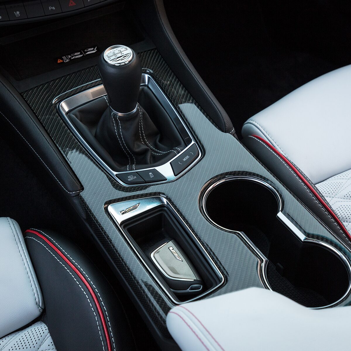 Centre console of the 2023 Cadillac CT4-V compact sport sedan.
