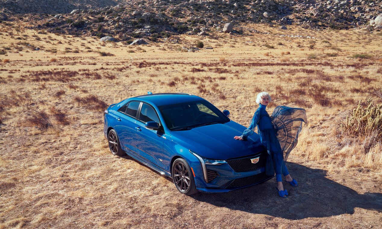 Scenic view of a person in front of the 2023 Cadillac CT4-V.