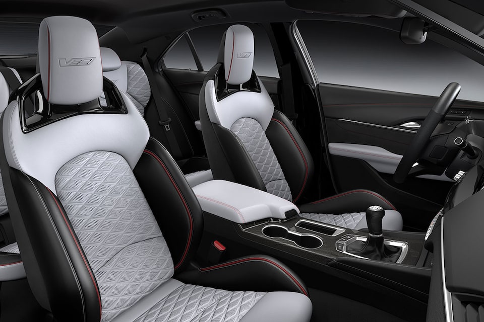 Interior seats on the 2026 Cadillac CT4-V luxury sports sedan.