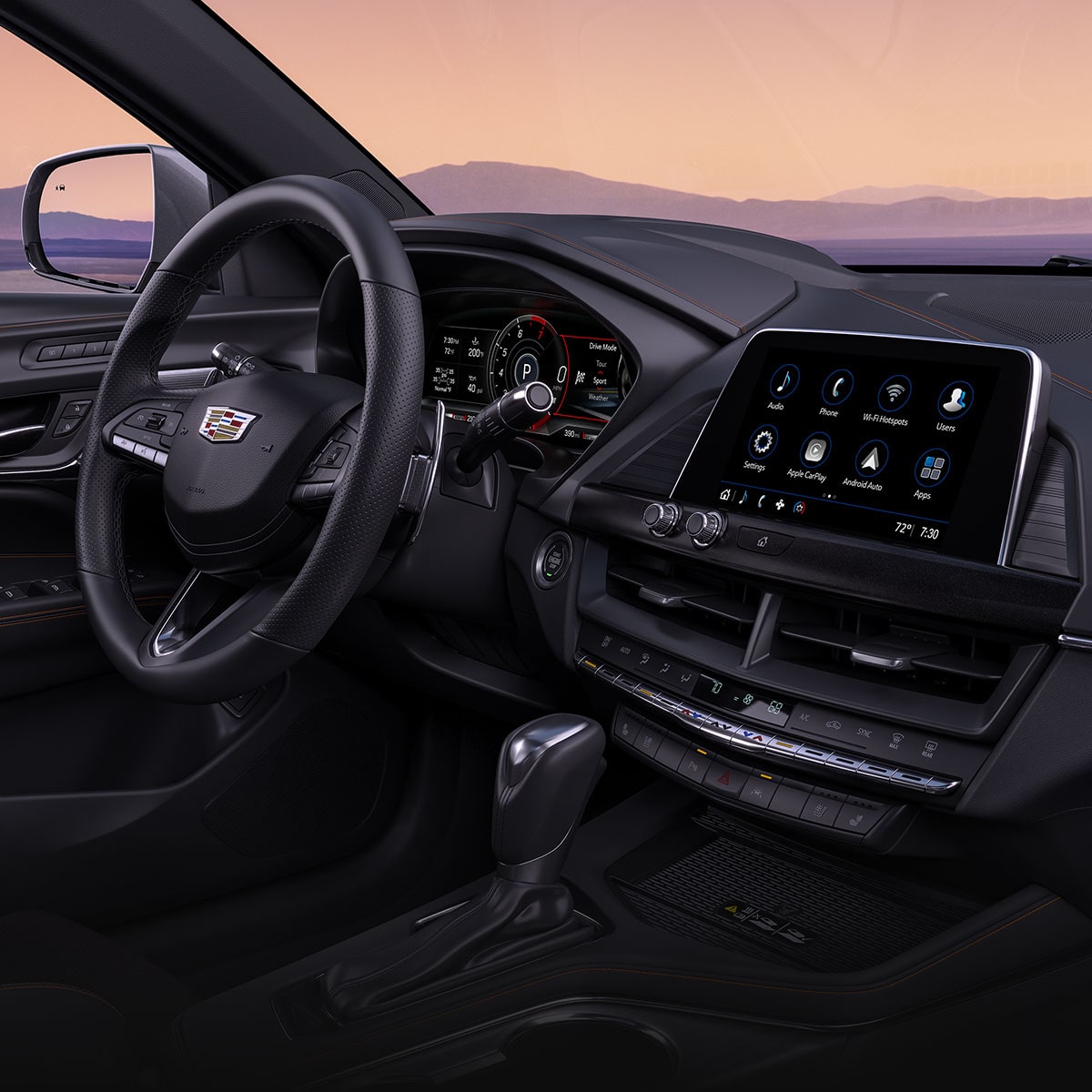 Vue latérale de l’habitacle côté conducteur de la berline de luxe Cadillac CT4 2026.