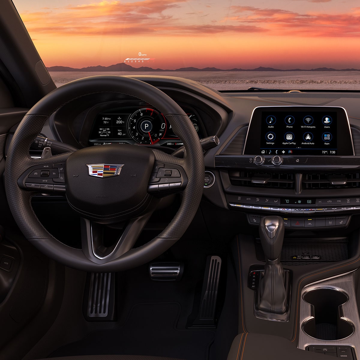 Driver's view of the interiors of the 2026 Cadillac CT4 luxury sedan.