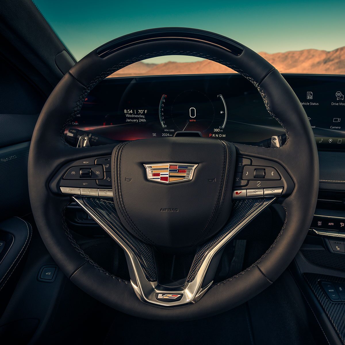 Driver's view of the steering wheel on the 2026 Cadillac CT5-V.