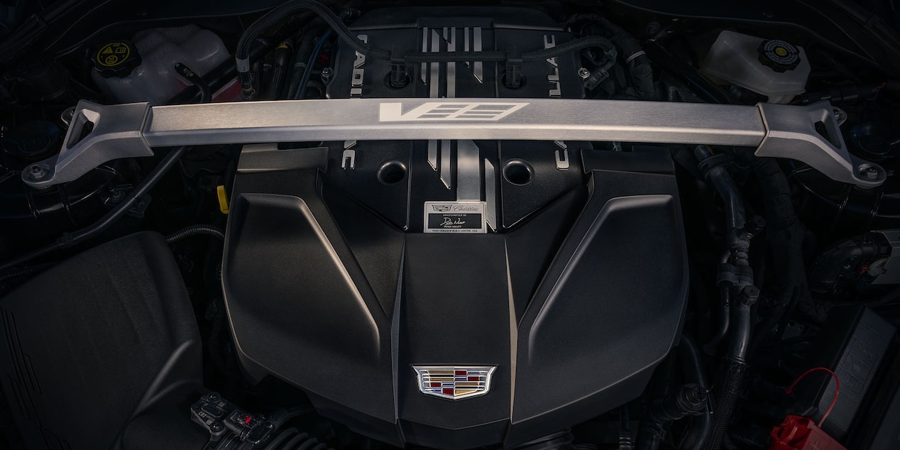 Close up view of the interior engine on the 2026 Cadillac CT5-V.