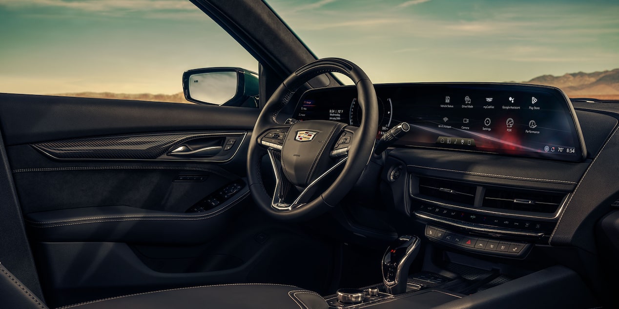 Front-side view of the front interiors of the 2026 Cadillac CT5-V.