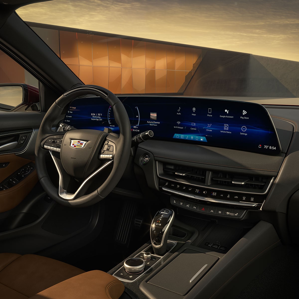2026 Cadillac CT5 steering wheel and LED screen.