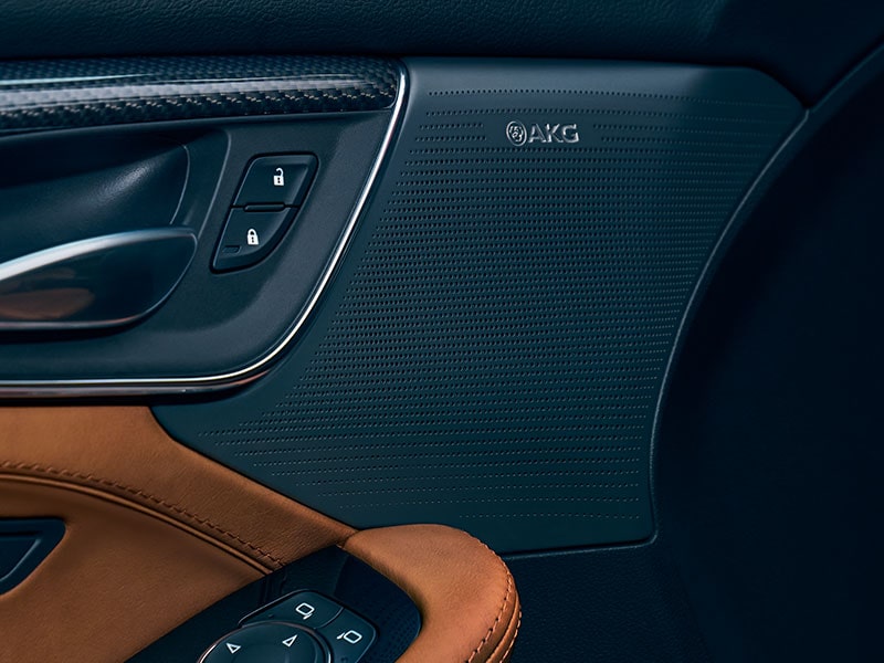 Gros plan sur le haut-parleur AKG haut de gamme de la portière intérieure d'une Cadillac CT5