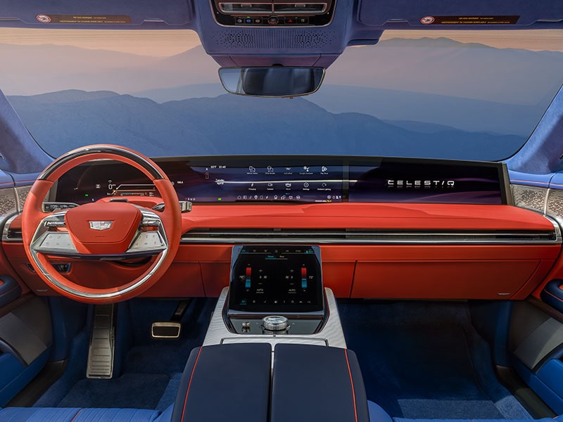 Vue depuis les sièges arrière du toit en verre intelligent ultra-luxueux et de l'habitacle luxueux de la Cadillac CELESTIQ
