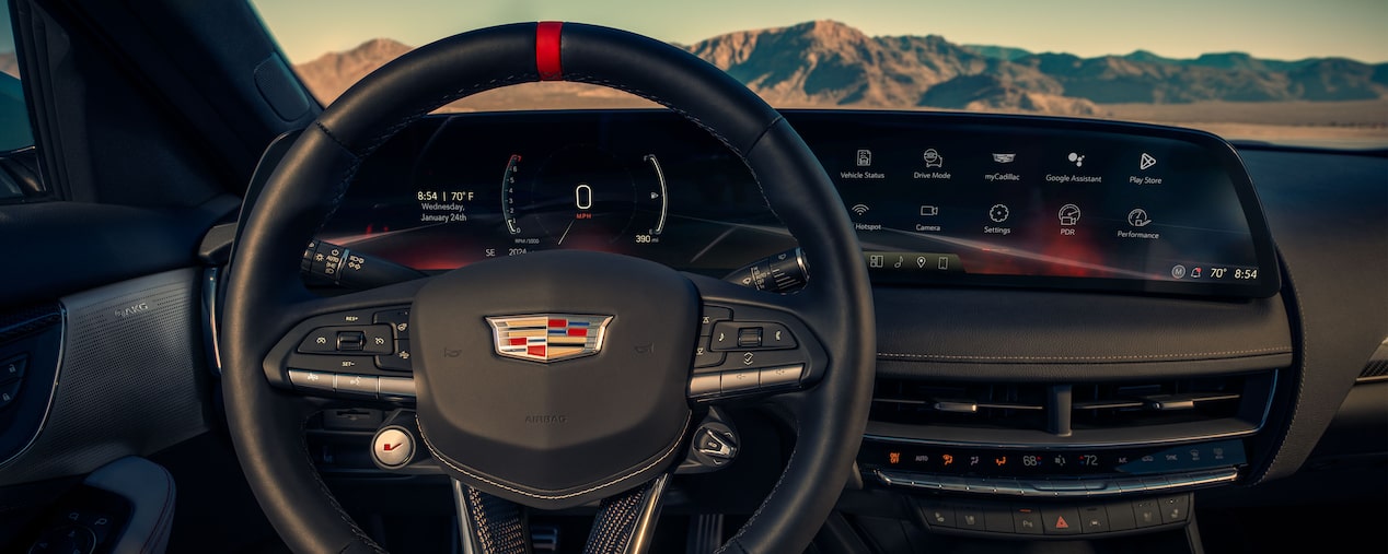 Driver's view of the steering wheel of the Cadillac CT5-V Blackwing.