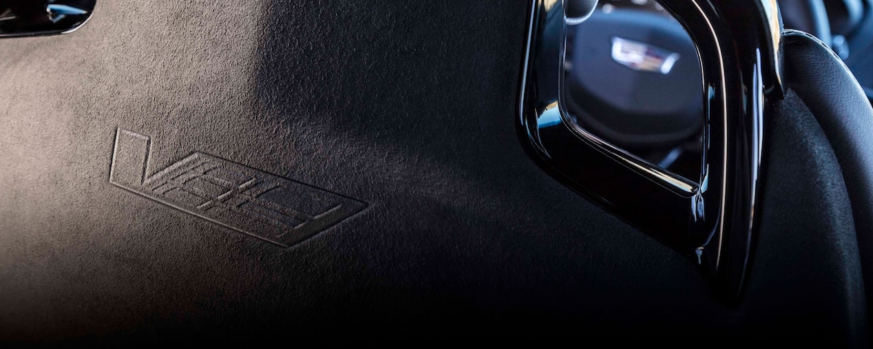 Close-up view of the microfiber accents on the seat of a Cadillac CT5-V Blackwing.