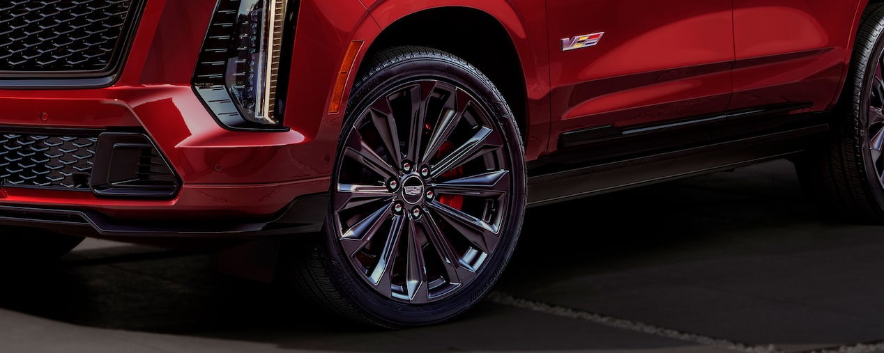 Sleek wheels of a Cadillac V-series vehicle.