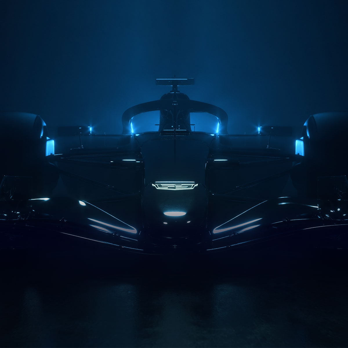 Front view of a Cadillac F1 racecar.