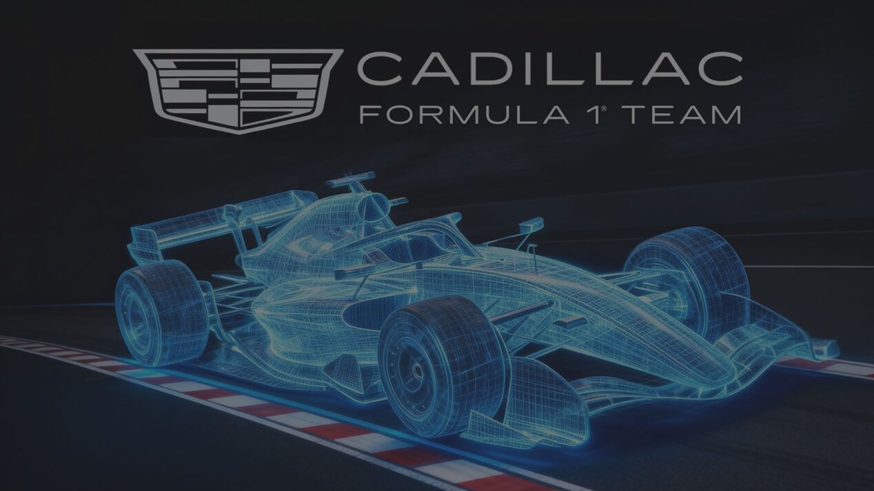 Digital wireframe graphic of the Cadillac Formula 1® Team race car.