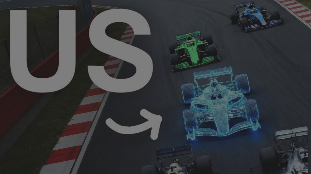 Cadillac Formula 1® Team race cars on track with wireframe car overlay.