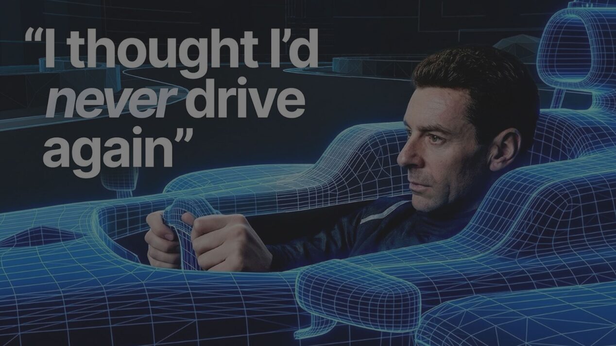 Driver in a wireframe Cadillac Formula 1® Team car with campaign quote.