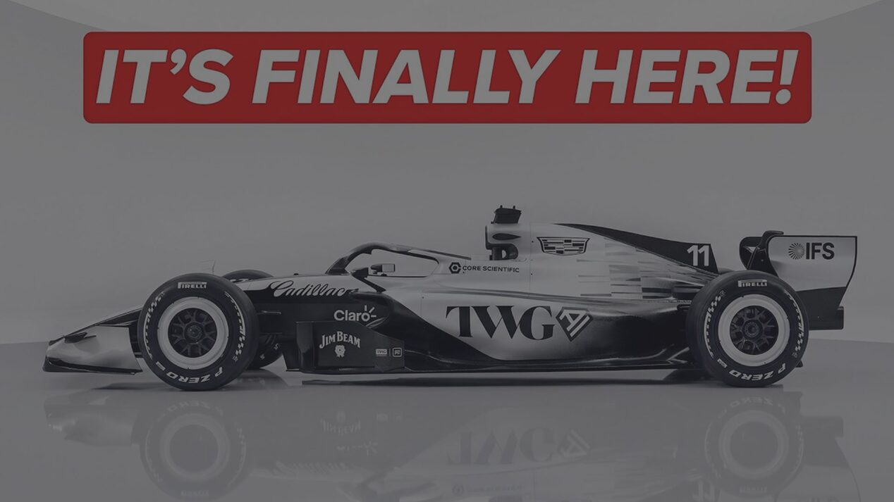 Side profile of the Cadillac Formula 1® Team race car with “It’s finally here!” headline.