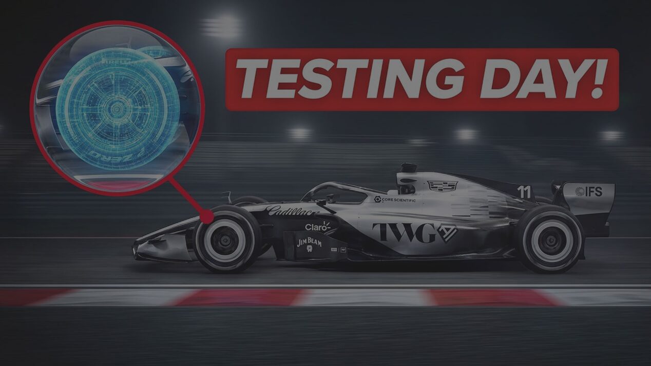 Cadillac Formula 1® Team race car on testing day with technical overlay.