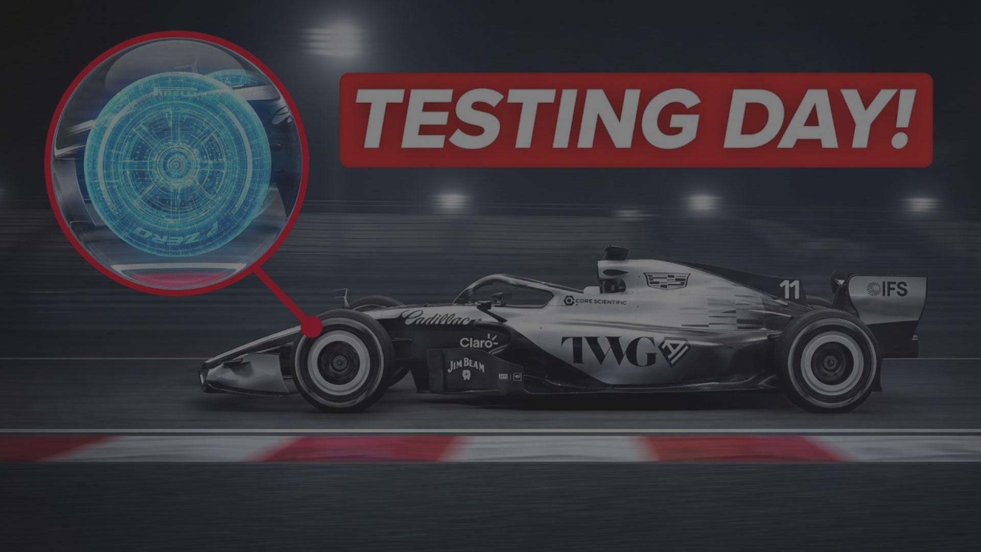 Voiture de course de la Cadillac Formula 1® Team lors d’une journée d’essais avec superposition technique.