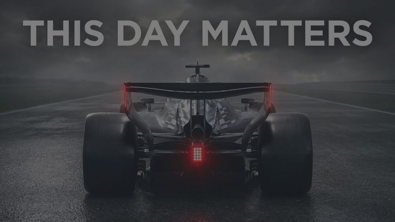 Rear view of the Cadillac Formula 1® Team race car with “This day matters” headline.