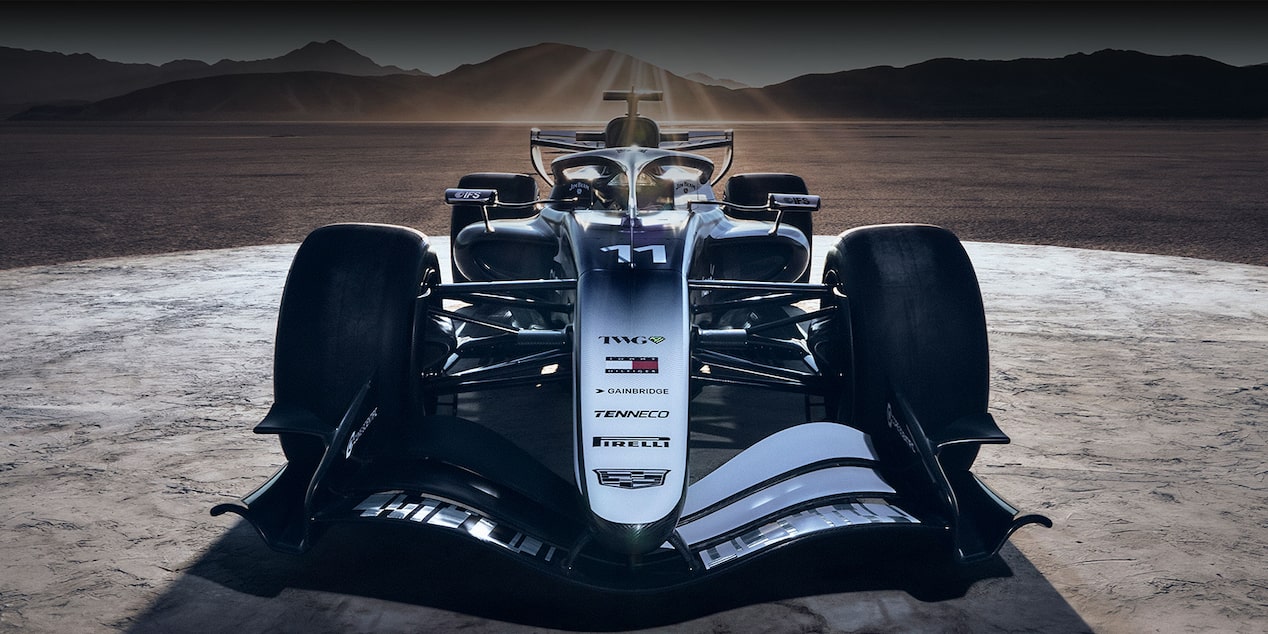 Front view of a Cadillac F1 racecar. 